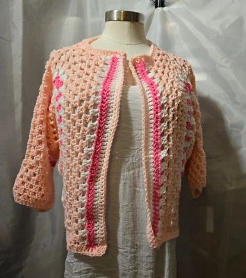 New Sweater  Cardigan Open Front 3/4 sleeve Granny Square Handmade Crocheted - Image 1 of 4