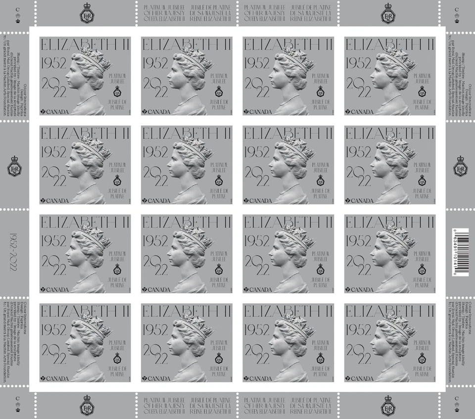 Canada 2022 Queen Elizabeth II Platinum Jubilee Sheet of 16 stamps MNH - Image 1 of 1
