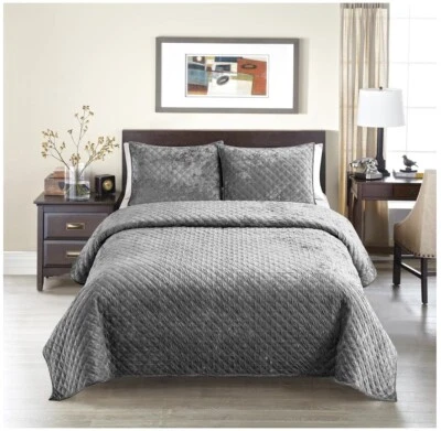 Juego de edredón de terciopelo envejecido Fredsure, 3 piezas gris rey, terciopelo/microfibra nuevo en caja Foto 1 de 4