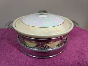  FRAUNFELTER  Royal Rochester CHINA CASSEROLE WITH METAL STAND Zanesville Ohio - Picture 1 of 11