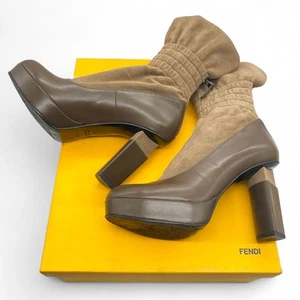 FENDI Short Boots Shoes EU 36.5 US 6.5 Suede Leather Brown Authentic - Picture 1 of 24