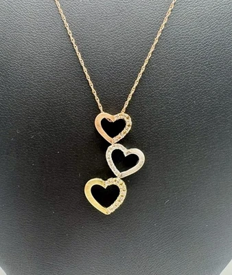 10k Tri Gold .11 ctw Natural Diamond Triple Heart Pendant Necklace 18" - Image 1 of 4