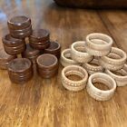 2 Sets Of Vintage Napkin Rings Wooden Teak?And Woven Raffia? 16 Total