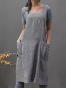 Zanzea - Sleeveless Side Pockets Cotton Loose Solid Color Vintage Apron Dress SA - Picture 1 of 4
