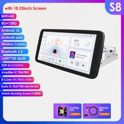 8+128G 1 DIN Car Radio Stereo Nav Android 12 Carplay Head Unit DSP 10.33'' BT5.0 - Image 1 of 4