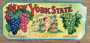 ADVERTISING Label Cupid New York State Grapes Brewer Starkey New York Cherub - Picture 1 of 1