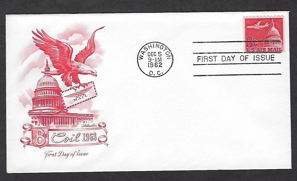 C65 Artmaster FDC, Coil Single, 8-cent Airmail, Plane over Capitol - Image 1 of 1