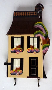 Wooden Key Holder for Wall Mount Hand Painted Country Cottage Décor 2 Hooks - Picture 1 of 10