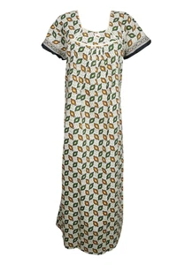 Women Maxi Kaftan Dress White Green Printed Lounge Sleepwear Nightwear Caftan L