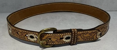 Vintage 1970s Dud Dee Men’s Tooled Leather Western Belt 275B Brass Buckle Sz 32 - Image 1 of 4