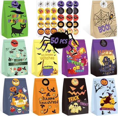 50 PIEZAS Bolsas de golosinas de Halloween Bolsas de dulces para fiesta, 10 estilos Papel Halloween Goodi Foto 1 de 4
