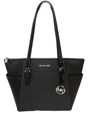 Michael Kors Charlotte Large Logo and Leather Top-Zip Tote Bag, Black - Image 1 of 4