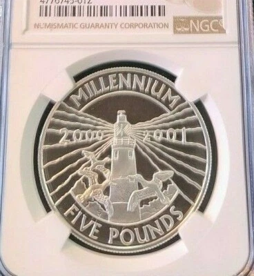 2001 ALDERNEY SILVER 5 POUNDS MILLENNIUM NGC PF 69 ULTRA CAMEO TOP POP BEAUTY - Image 1 of 4