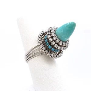 Solid White Gold Natural Diamond Turquoise Probe Bullet Ring Unique Appraisal - Picture 1 of 14