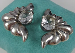 Vintage TURE Sterling Silver Rock Crystal Wings Huge 25.9 Gram Clip On Earrings - Picture 1 of 4