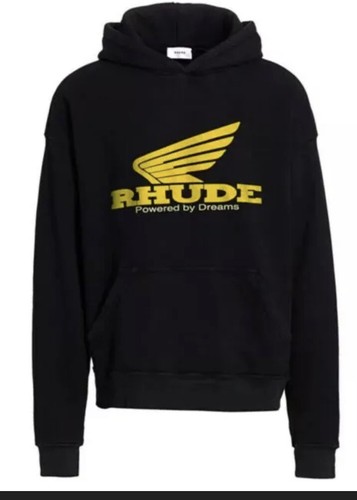 Felpa con cappuccio Rhude Premium abbigliamento uomo vintage effetto invecchiato logo nero e giallo taglia S