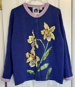 Storybook Knits Purple Floral Sequin Daffodil Sweater size 1X - Picture 1 of 8