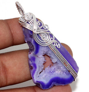 Agate Geode Slice 925 Silver Plated Wire-Wrapped Pendant 2.5" Birthday Gift GW