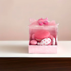 Bomboniera bimba nascita battesimo, scatola rosa con confetti e macaron, 7x7x6