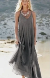 Garnet Hill Grey Crinkle Cotton Gauze Maxi Dress XL Boho Beach Resort EUC - Picture 1 of 11