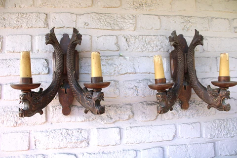 PAIR antique gothic wood carved dragon wall lights sconces lamps Cover