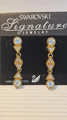 全新带标签 ~ Swarovski 水晶 ~ * * 1 3/4 英寸危险金色邮政耳环 * ~ 天鹅 ~ 珠宝 — 第 1/4 张图片