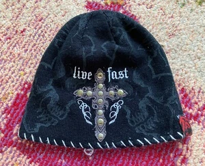 VTG Y2K Bullseye Tattoos Beanie Cross Skulls Grunge Black MMA One Size Fits Most - Bild 1 von 7