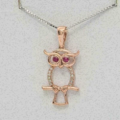 Colgante redondo de 1 quilate con forma de búho rubí rosa simulado cadena de 18" enchapado en oro rosa de 14 quilates Foto 1 de 4