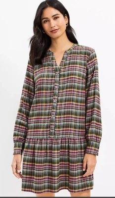 Loft Dress Womens Sz M Flounce Long Sleeve Moss Green Pink Plaid Flannel Casual - Image 1 of 4