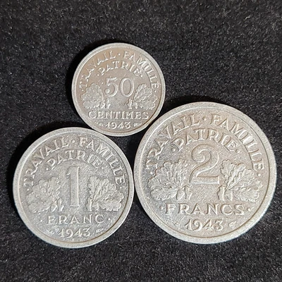 WWII Vichy France 1943 Year Set - 50c, 1F, & 2F - 3 Coins - État Français XF - Image 1 of 2