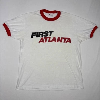 Camisa vintage First Atlanta para hombre grande blanca con timbre Peachtree Race 1970 Georgia Foto 1 de 4