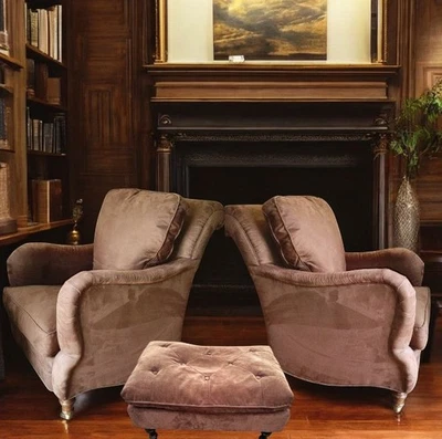 Rare Classic George Smith Style Grey Duck feather Filled Club Chairs & Ottoman - Image 1 of 4