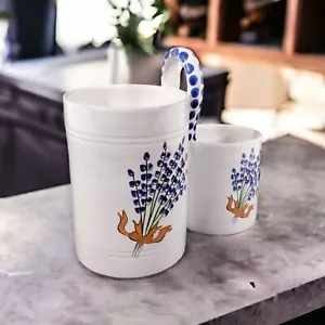Utensil Holder Signed Ceramic Pottery Two Section Caddy White Blue Flowers - Picture 1 of 8