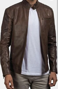 Men's Leather Jacket Brown Biker Motorcycle Jacket Short Cafe Racer Slim Fit - Picture 1 of 5