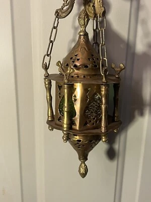Antique Ottoman Empire Islamic Brass Pebbled Glass Ceiling Lantern Pendant Lamp! - Image 1 of 4