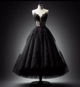 Gothic Schwarz Brautkleider Spitze Applikationen A Linie Herzausschnitt Brautkleider - Bild 1 von 8