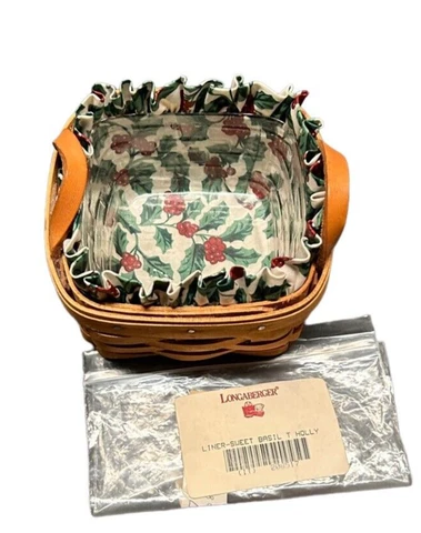 NOS LONGABERGER SWEET BASIL BASKET 10146 & HOLLY FABRIC LINER ~ VERY NICE !! Cover