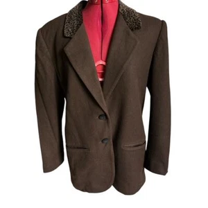 Vintage Casablanca Size 10 100% Wool Animal Print Velvet Collared Brown Blazer - Picture 1 of 7