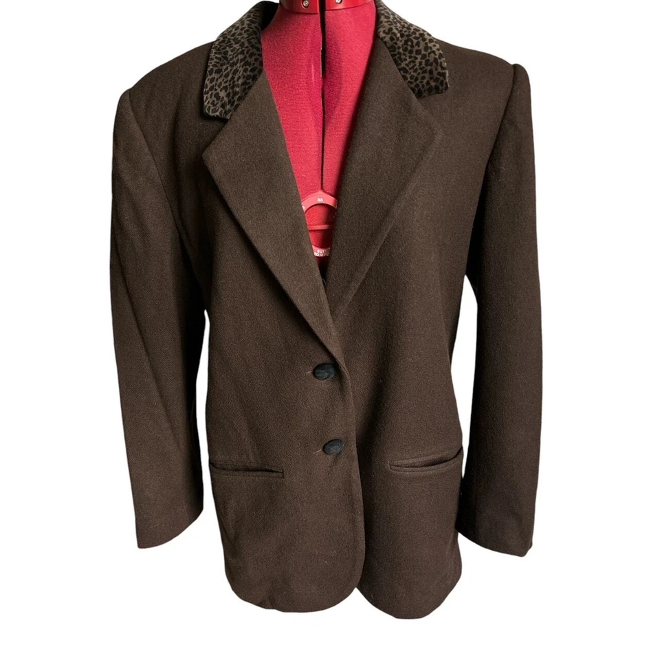 Blazer Marrón Vintage Casablanca Talla 10 100% Lana Estampado Animal Terciopelo Cuello Foto 1 de 4