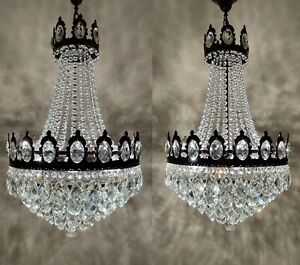 PAIR OF Antique Vintage French Basket Style Crystal Chandelier Lamp Light 1940's
