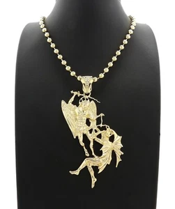 Hip Hop Gold Tone Saint Michael Archangel Pendant & 5mm 30" Ball CHAIN NECKLACE - Picture 1 of 5