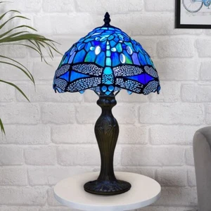 Tiffany blau Libellenstil Tischlampe 10 Zoll handgefertigt mehrfarbiges Buntglas - Bild 1 von 18