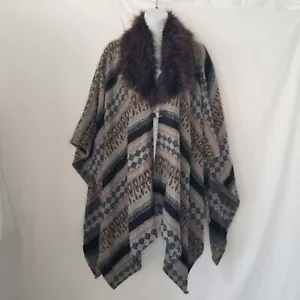 Collection Eighteen Aztec Waterfall Poncho Shawl Faux Fur Neckline Brown Gray - Picture 1 of 17