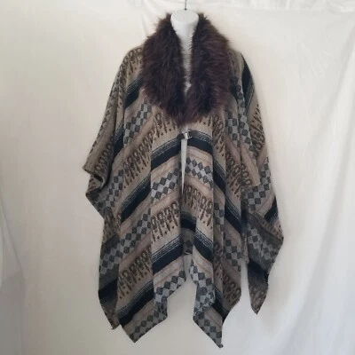 Collection Eighteen Aztec Waterfall Poncho Shawl Faux Fur Neckline Brown Gray - Image 1 of 4