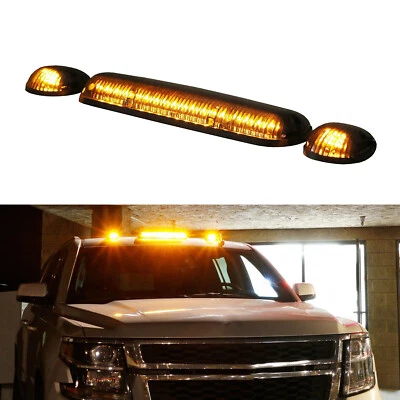 Smoked Lens 3pc Cab Roof Marker Running Lights w/Amber LED Lamps For Truck SUV - Image 1 of 4