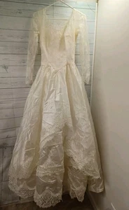 Vtg 50's Wedding Dress Satin Lace Gown Long Sleeve Ivory Tiered XS - Picture 1 of 13
