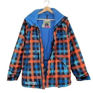 Burton Boys Amped Jacket Hooded DryRide Snowboard Ski Orange Blue Check Plaid XL - Picture 1 of 14