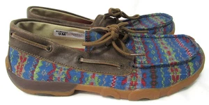 Twisted X Blue Aztec Fabric & Leather Driving Moccasin Loafer Boat Shoes 9M EUC - Picture 1 of 8