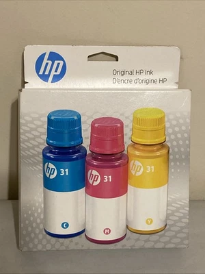 Genuine HP 31 3-Pack Cyan, Magenta, Yellow Ink Bottles 9C228AN EXPIRATION 04/26 - Image 1 of 4