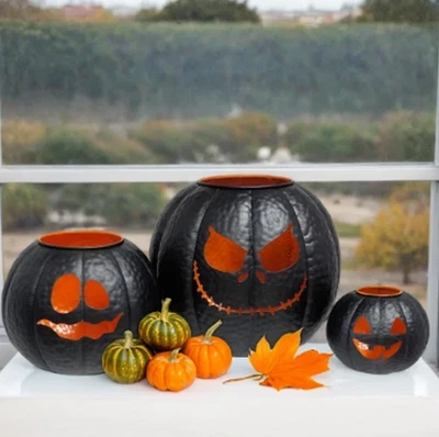 Juego de 3 linternas de calabaza de metal de Halloween, nido de calabaza para fácil almacenamiento NUEVO Foto 1 de 3